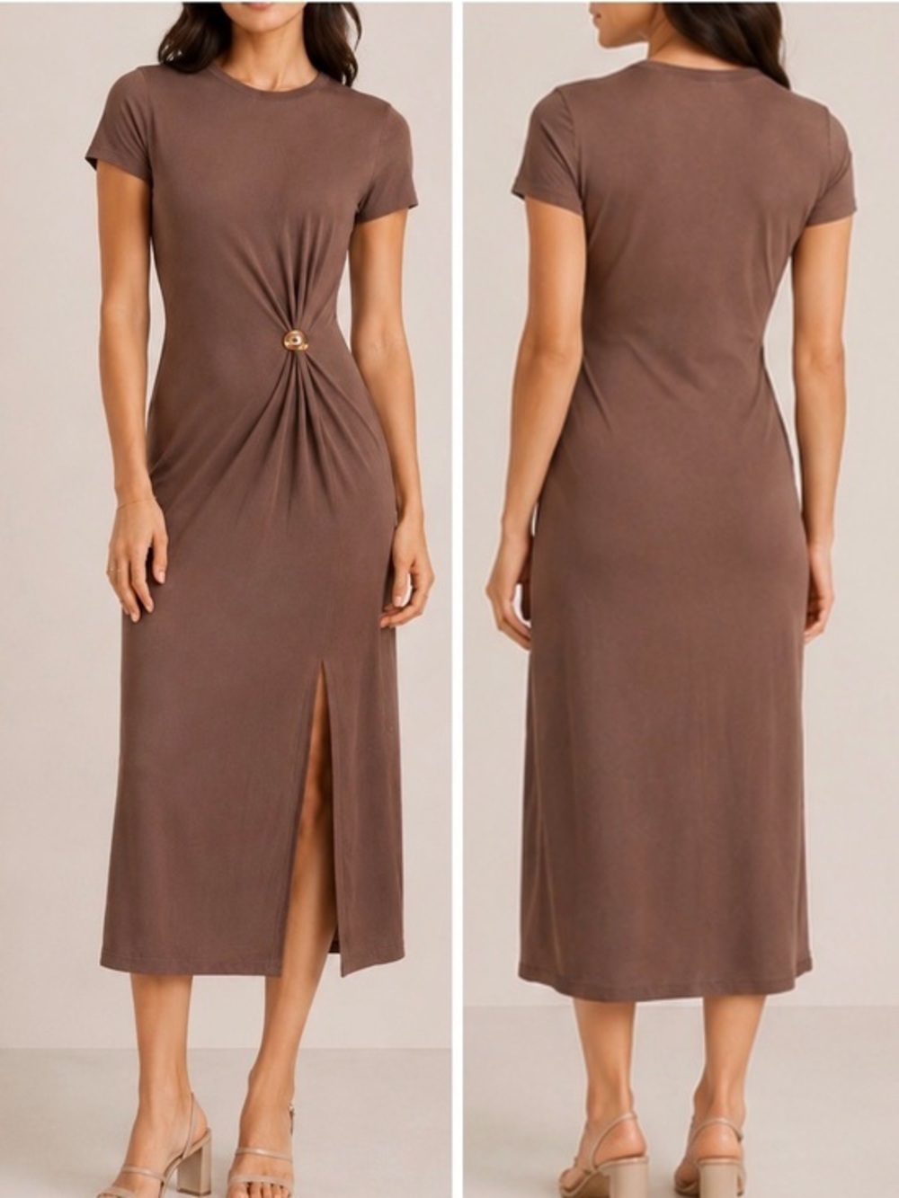 Karen Millen Light Khaki Trimmed Summer Knit Ruched Waist Column Midi Dress